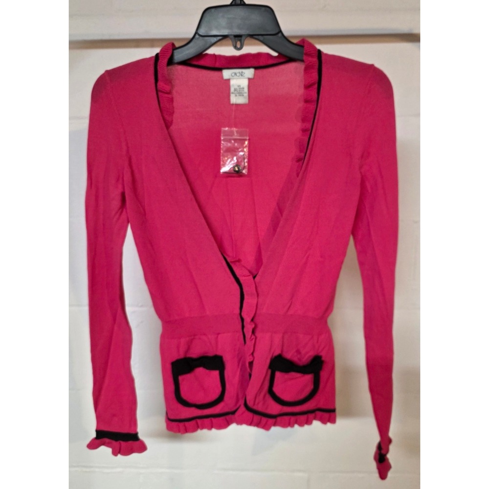 Vintage Cache Hot Pink Ruffle Bow Cardigan Sweater Black Trim XS Rose Buttons